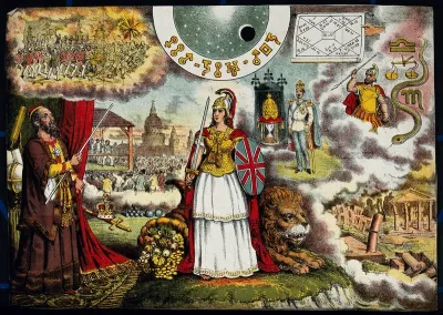 Astronomy: various apocalyptic scenes, including an earthquake, a mob by St Paul's, Prince Albert [?], and the Boxer Rebellion [?]