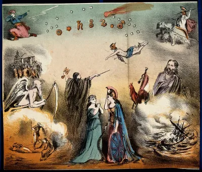 Astronomy: various apocalyptic scenes, including an shipwreck, a mob by St Paul's Cathedral, people dying from Cholera [?], and Hibernia pleading with Britannia [?]