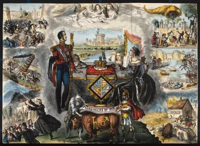 Astronomy: various apocalyptic scenes, including battles, the Royal Family looking upset [?], a mob being addressed by preachers, fire, and shipwreck