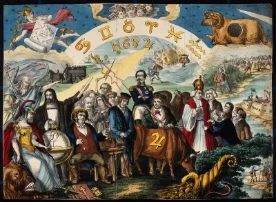 Astronomy: various apocalyptic scenes, including Napoleon III, a funeral, a flood, and a battle in Africa