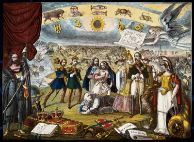 Astronomy: various apocalyptic scenes, including Napoleon III, a shipwreck, an assassination [?], and a battle in Africa