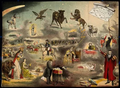 Astronomy: various apocalyptic scenes, including Napoleon III, a weeping man beside a child's [?] coffin, an assassination [?], and a battle in America