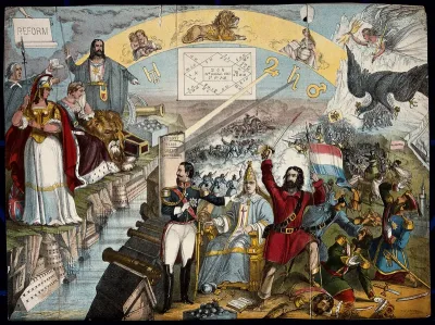 Astronomy: various apocalyptic scenes, including Napoleon III, a weeping Queen Victoria, an assassination [?], and a battle in Russia