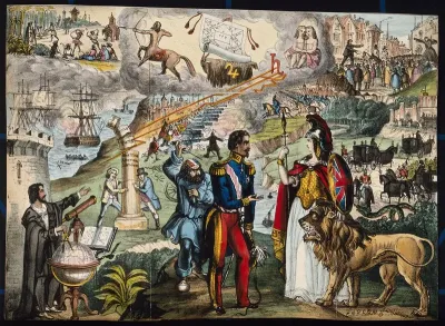 Astronomy: various apocalyptic scenes, including Napoleon III addressing Britannia, a land battle, a mob being addressed by rival orators in the City of London, and a naval battle