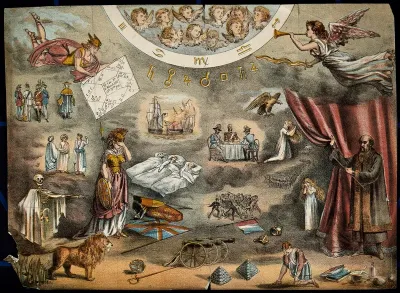Astronomy: various apocalyptic scenes, including Napoleon III, death showing his handiwork, a weeping Britannia beside a child's [?] flag-draped coffin, a sea battle, and a land battle