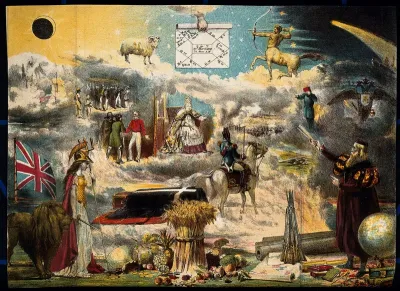 Astronomy: various apocalyptic scenes, including Napoleon III on horseback with a smiling Queen Victoria, a flag-draped coffin, and a battle