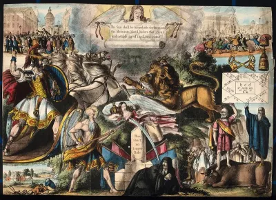 Astronomy: various apocalyptic scenes, including rural deprivation, a mob by the Palace of Westminster [?], a mob being addressed by an orator in the City of London, and a paddle-steamer on the Nile