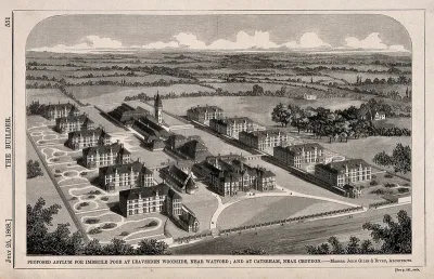 Asylum for Imbecile Poor, proposed for Leavesden Woodside, near Watford, and Caterham, Surrey: bird's eye view