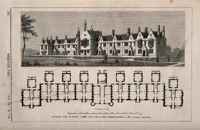 Asylum for Worthy and Decayed Freemasons, Croydon, England: perspective view and floor plan