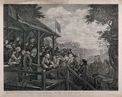 At a polling booth, reserve voters, consisting of disabled and sick men and others, proceed up the stairs to take oaths; in the background Britannia sits in a coach that has broken down while the coachman and footman play at cards
