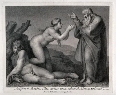 At the bidding of God, Eve ascends praying from Adam's side