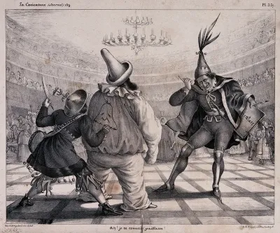 At the Opéra ball, King Louis Philippe (centre) as a clown is confronted by Charles Philipon (right, representing the journal Caricature) and Louis Desnoyers (left, representing the journal Charivari), both dressed as jesters