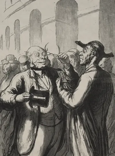 At the Universal Exhibition: Security check at the entrance: the bald need to lift their hats, and the short-sighted need to remove their glasses.
