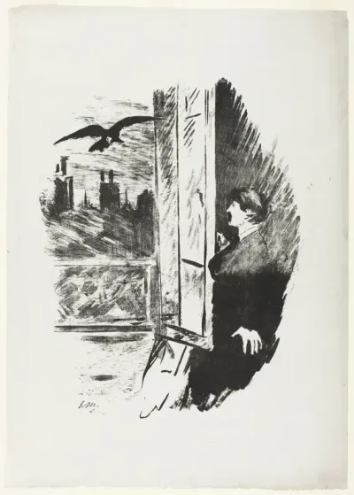 At the window ("Open here I flung the shutter..."), from The Raven (Le Corbeau)