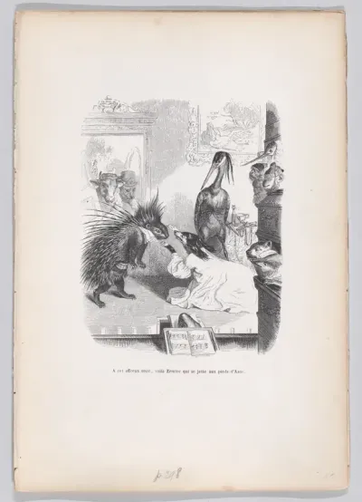 At this frightful story, Zemire throws himself at Azor's feet, from "Scenes from the Private and Public Life of Animals"