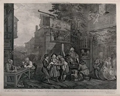 At two inns on the outskirts of a village, vigorous political campaigning, comprising fighting and bribery takes place; a countryman is offered money and cards of invitation by two rival representatives of the Tory and Whig inns