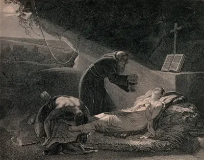 Atala receiving her last communion from the missionary Père Aubry, while her dog and Chactas are crouching at the end of her camp in a mountain cave