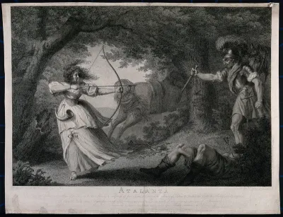 Atalanta defending her chastity during a hunt by shooting her pursuer