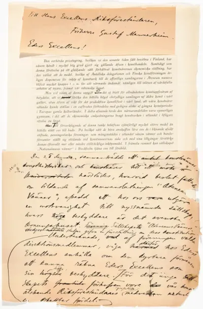 Ateneumin ystävien kirjekonsepti C. G. E. Mannerheimille, s.a.