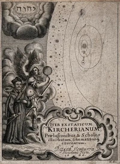 Athanasius Kircher being guided by an archangel to the celestial spheres