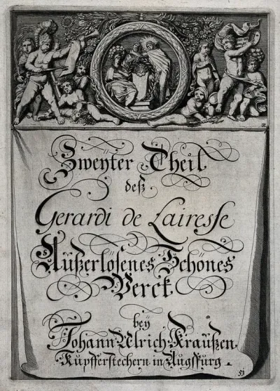 Athena, Hermes and Apollo; putti holding various objects; calligraphic lettering
