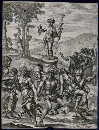 Athenians wearing masks celebrate the vintage by dancing around a statue of Bacchus and sacrificing a goat to him