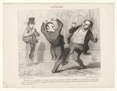 Attachés par leur grandeur au rivage de la Seine, les ministres Parrieu et Rouher se consolent de ne pouvoir aller passer les vacances dans leurs montagnes en dansant à huit clos dans une des salles du ministère de la Justice BOYER 2314