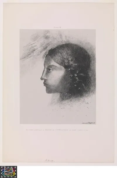 Au réveil j’aperçus la Déesse de l’Intelligible au profil sévère et dur [Bij het ontwaken zag ik de godin van het begrijpelijke in een streng en hard profiel], uit de reeks Hommage à Goya.  6 lithographies par Odilon Redon