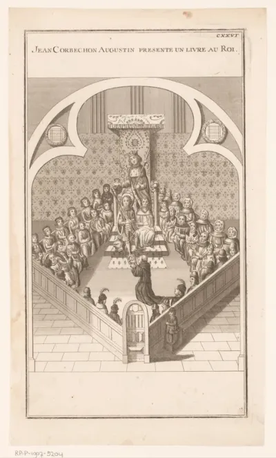 Augustijner monnik presenteert een boek aan koning Karel V