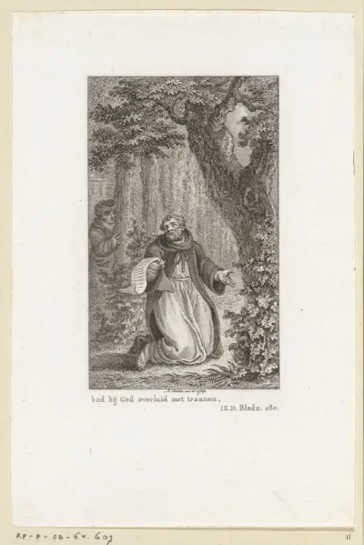 Aurelius Augustinus bidt tot God onder een boom