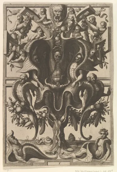 Auricular Cartouche with Figures within a Strapwork Frame, from "Veederley Veranderinghe van grotissen ende Compertimenten. Libro Primo"