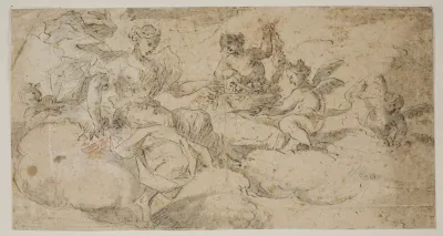 Aurora siddende i skyerne omgivet af putti, der binder kranse. To sider fra en skitsebog