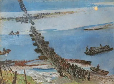 Austrian soldiers retreat by repassing the Piave River