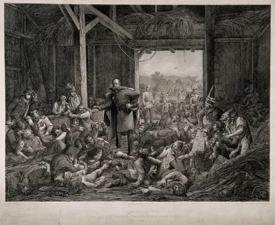 Austro-Prussian War: the Prussian King William I visiting wounded soldiers lying in a barn