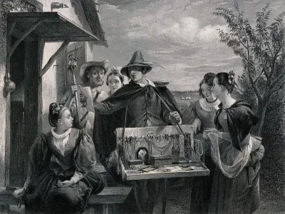 Autolycus, a seller of trinkets, reciting a list of his wares to women and a shepherd who watch and point to them