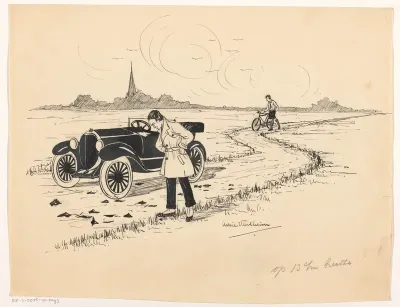 Automobilist bekijkt brokstukken op een landweg