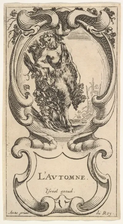 Autumn, a satyr with his right arm on top of a tree trunk on which a vine is growing and carrying grapes in his left hand, within a cartouche decorated with grapes, from "The Four Seasons" (Les Quatre Saisons)