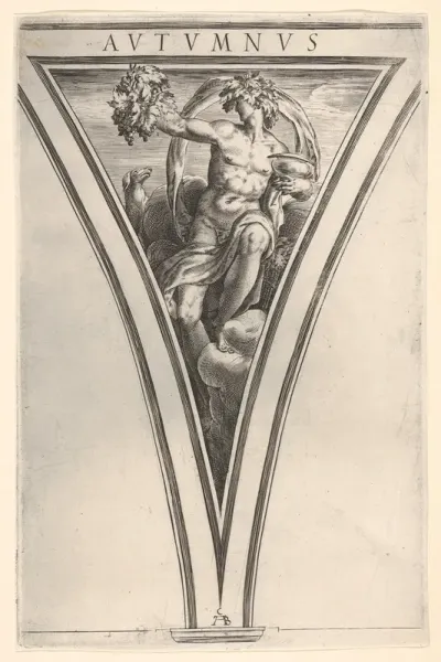 Autumn (Autumnus), represented as a seated male figure bearing grapes in his right hand and a lidded vessel in his left hand, with a billowing drape and grape wreath, a spandrel-shaped composition from "The Four Seasons"