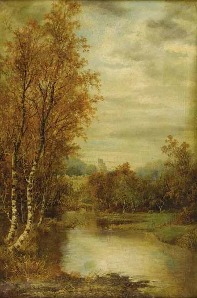 Autumn Landscape With Pond And Castle Tower