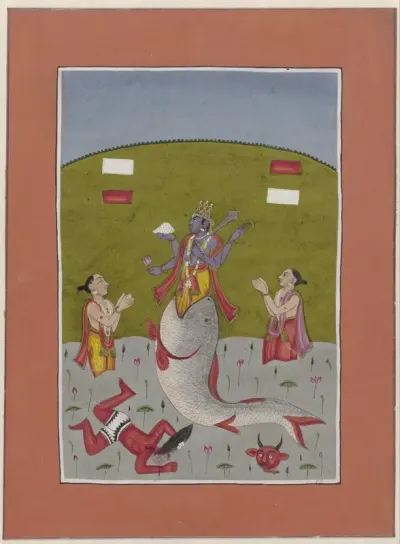 Avatar van Vishnu die verrijst uit de bek van een vis