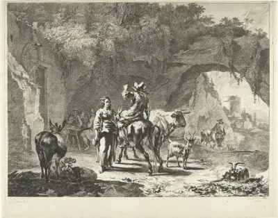 Avond: herder bij herberg in rots