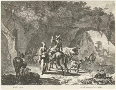 Avond: herder bij herberg in rots