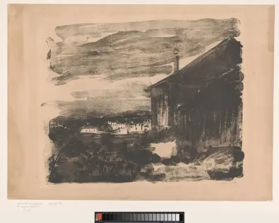 Avondlandschap met fabrieksgebouw rechts op de voorgrond