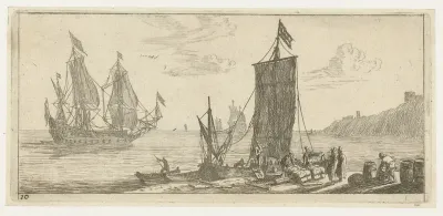 Baai met een hoeker en een oorlogsschip