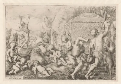 Bacchanaal met altaar, faun en Silenus