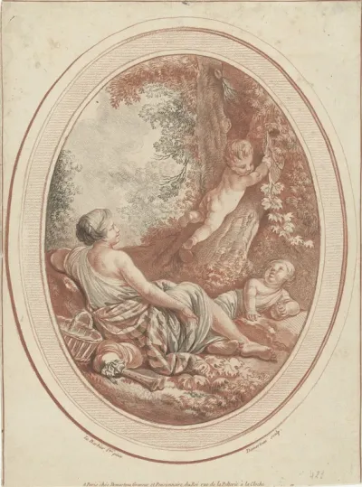 Bacchanaal met nimf en putti bij bomen