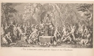 Bacchanaal met saters en bacchanten om een beeld van Bacchus