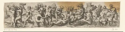 Bacchanaal met saters en brakende figuren