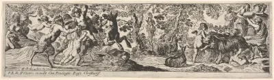 Bacchanal with young Bacchus grasping grapes in his raised left hand; at left a satyr, putti, and a donkey crowd around Bacchus; at right a she-goat suckles a child and women pass a bowl; from a series of twelve frieze-like designs showing bacchanals