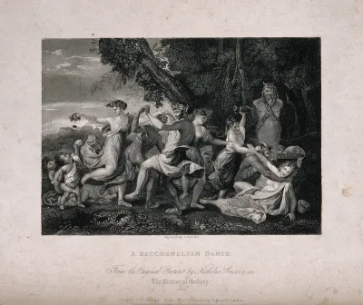 Bacchanalian men and women dancing by a garlanded statue of Pan